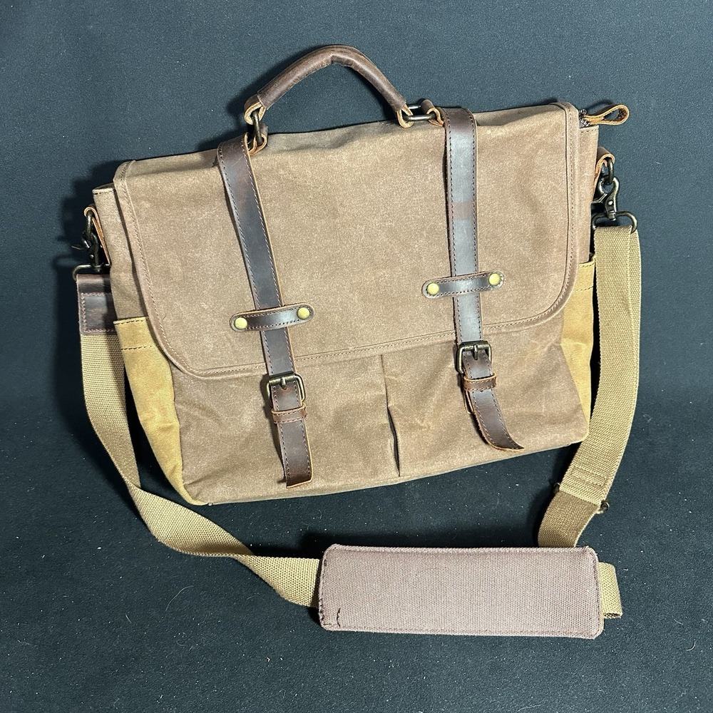 Newhey Brown Waxed Canvas Leather Trim Computer Messenger Bag Travel School